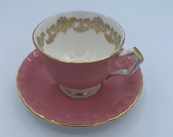 Filiżanka do herbaty i spodek w kolorze różowo-złotym Aynsley Rose | Filiżanka do herbaty i spodek w kolorze porcelany kostnej | Wyprodukowano w Anglii | Antyczna angielska porcelana kostna