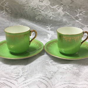 Coalport Teacup and Saucer | Two Green and Gold Demitasse Teacup and Saucer | Gold Grapevine Pattern, Made in England | Fine bone China