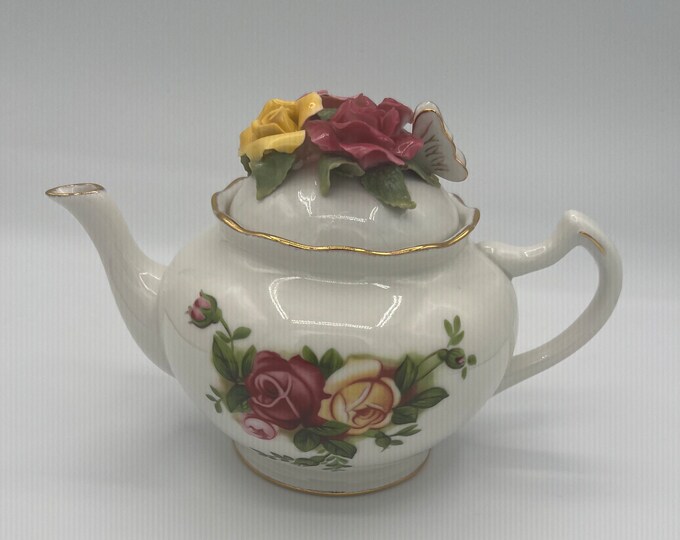Royal Albert Old Country Roses Teapot With Applied Roses and Butterfly
