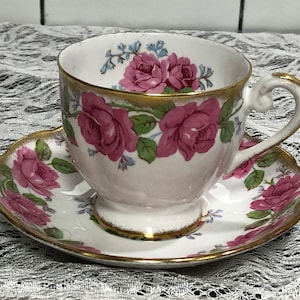 Queen Anne English  Bone China Rose Teacup Set. Pattern number 4673 Pink Roses, Queen Anne