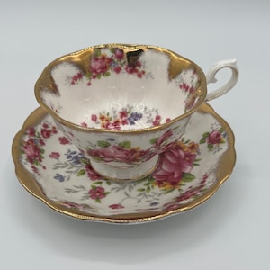 Royal Albert Teacup and Saucer with heavy gold and pink flowers |  Floral Teacup and Saucer | Made in England Teacup and Saucer