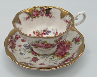 Royal Albert Teacup and Saucer with heavy gold and pink flowers |  Floral Teacup and Saucer | Made in England Teacup and Saucer