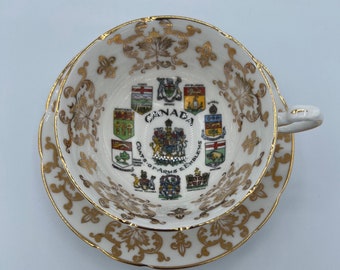 Paragon Teacup and Saucer | Canada Coat of Arms Emblems, Provincial | Gold Maple Leaves Teacup | Bone China | Made in England
