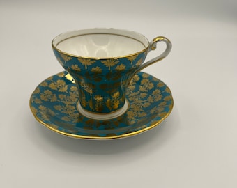 Aynsley Blauw met gouden bloemen Korset vorm Theekopje en Schotel | Aynsley Theekopje en Schotel | Coiled loop handgreep | Bladgoud overlay