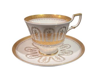 Taza de té y platillo de filigrana de oro toscano Aniversario de bodas de oro Taza de té y platillo de porcelana fina / Porcelana fina hecha en Inglaterra