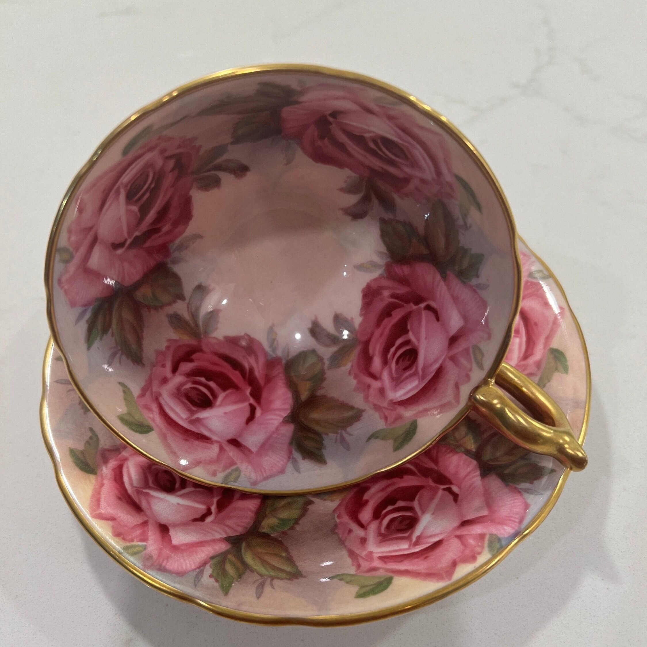 Very Rare Aynsley Teacup and Saucer With 13 Pink Cabbage Roses Rare ...