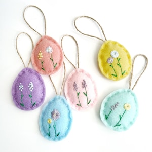 Easter Egg Decor Embroidered Handmade Felt Ornaments | Individual or Set of 3, 6 Available | Spring | Embroidered Flowers Rose Hydrangea