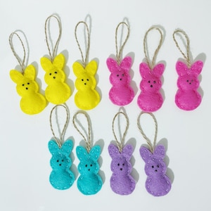 Easter Decor Peep Inspired Mini Handmade Felt Ornaments | Set of 4, 6 or 10 | Mini 2.8 Inch Tall Ornaments | Bunny Rabbit Shaped