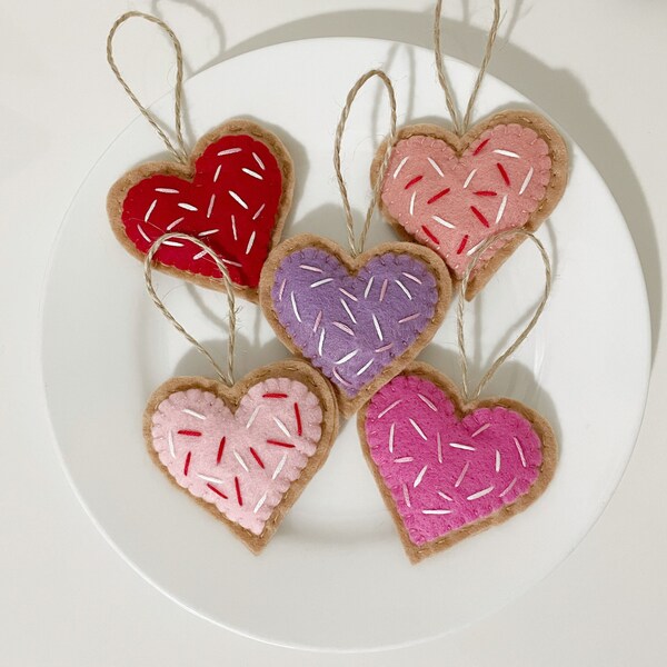 Valentine's Day Decor Ornaments Sugar Felt Cookies Handmade  | Heart Felt Cookie Ornaments With Sprinkles | Cute Pink Red Purple Decor