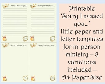 JW 'Sorry I missed you...' Little Printable Writing A4 Paper Templates for in-person ministry ideal for return visits - Digital Download