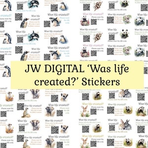 Adesivos DIGITAL JW Apresenta o código QR para A vida foi criada? brochura - com diferentes animais Etiquetas fixas das Testemunhas de Jeová