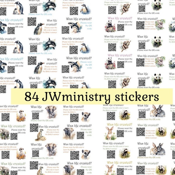 84 JW Stickers Features the QR code  for  the Was life created? brochure - with different animals - Jehovah's Witnesses Stationary Labels