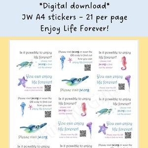 JW Stickers DOWNLOAD DIGITALE Goditi la vita per sempre! A4 21 adesivi per pagina Ottima aggiunta al ministero di scrittura di lettere per i Testimoni di Geova