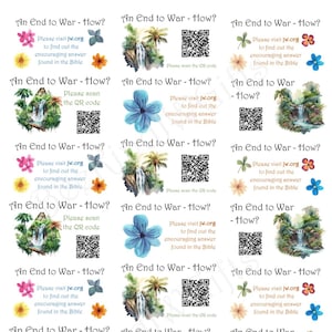Op de afbeelding: Vel stickers met de tekst "An End to War - How?" en "Please visit jw.org to find out the encouraging answer found in the Bible." Elke sticker heeft een QR-code en bloemen- of landschapsillustraties.