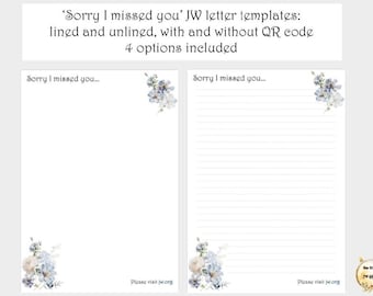 JW 'Sorry I missed you...' Printable Letter Writing Templates A4 Paper Size Ideal For Not At Homes Ministry Digital Download Stationary PDF