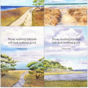 4 JW Printable Year's Text Postcards Psalm 34:10 - Digital Download A4/ US letter Printable Item Aquarelle paysages - Témoins de Jéhovah