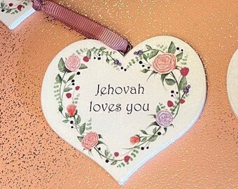 Jehovah Loves You Small Hanging Heart Gift with Peony Flower Heart Design