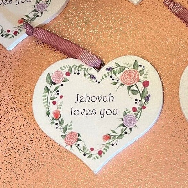 Jehovah Loves You Small Hanging Heart Gift with Peony Flower Heart Design