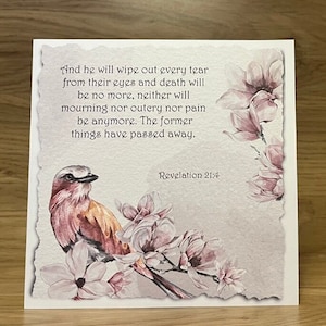 JW Sympathy/Encouraging Card - 6 x 6 po. - Apocalypse 21:4 - Vierge à l'intérieur - Carte de voeux Témoins de Jéhovah motif oiseau