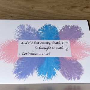 Carte de sympathie JW Last Enemy - 5 x 7 pouces à l'intérieur - Motif plume coloré - Témoins de Jéhovah