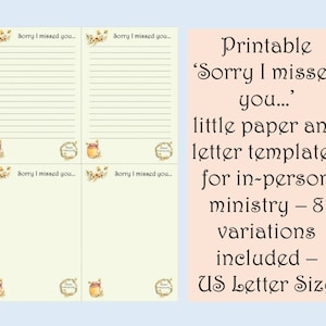 JW &#39;Sorry I missed you..&#39; Little Printable Writing US LETTER Paper Templates for in-person ministry ideal for return visits Digital Download