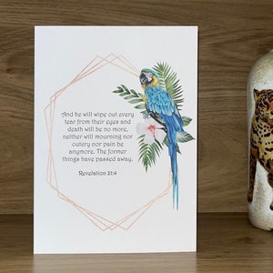 Carte de voeux JW encourageante avec Apocalypse 21:4, design inspiré du paradis avec perroquet / oiseau tropical carte de témoin de Jéhovah