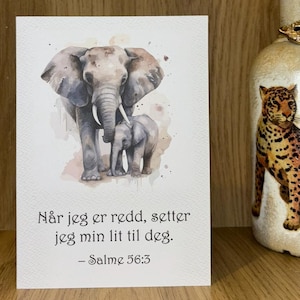 Carte de voeux JW norvégienne avec Psaume 56:3 et un beau dessin d'éléphant - Salme 56 3 Jehovas vitner - Témoins de Jéhovah Norsk