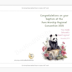 Biglietto di battesimo stampabile JW per la Convention Regionale di Pura Adorazione 2025 – Panda Design - Download digitale stampabile per i Testimoni di Geova