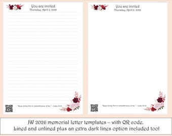 Memorial 2026 JW Letter Writing Templates for Jehovah's Witnesses with QR code lined and unlined included Ministry Digital Download Paper