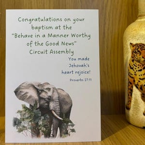 Carte de baptême JW Félicitations pour votre baptême ! Vous avez réjoui le cœur de Jéhovah ! Personnalisé au nom de l'assemblage/de la convention Elephant Design