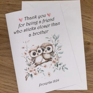 Petite carte de l'amitié JW - Disponible individuellement ou en emballages de plusieurs avec un motif chouette douce avec Proverbes 18:24 - Cadeau témoin de Jéhovah