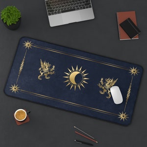 Sonne und Mond verfinstert mit zwei Greifen, Luxus blau und gold schöne extra große Schreibtischunterlage, Mauspad, Gaming Mat