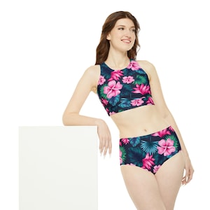 Tropical Pink Flower Sporty Bikini Set (AOP)