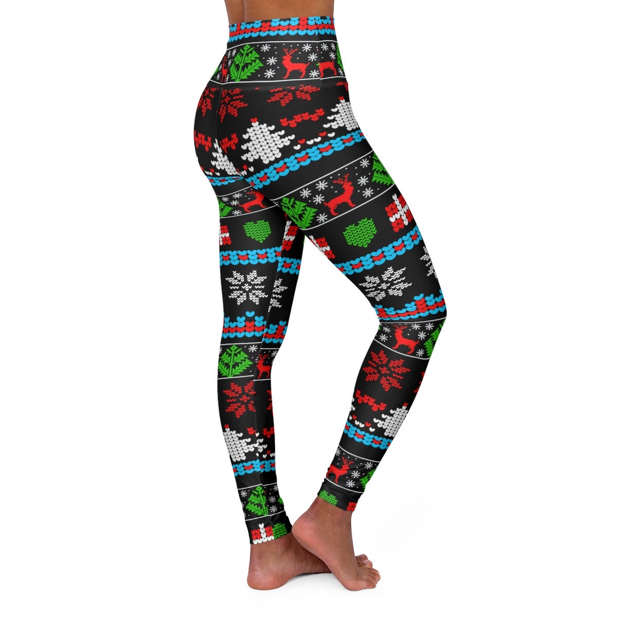 Black Ugly Sweater Pattern High Waisted Yoga Leggings Pants, Christmas Fun  , Workout, Bottoms, -  Canada