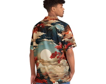 Camisa hawaiana para hombre con puesta de sol con flores de cerezo (AOP). Regalo de verano y ropa de playa. Gran regalo.