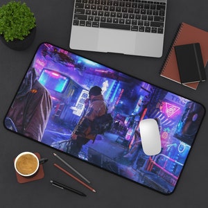 May include: A neon-colored cyberpunk city scene with a person wearing a jacket and a backpack walking down a street. The scene is full of neon lights and signs, including a sign that says "PEDESTRIAN".