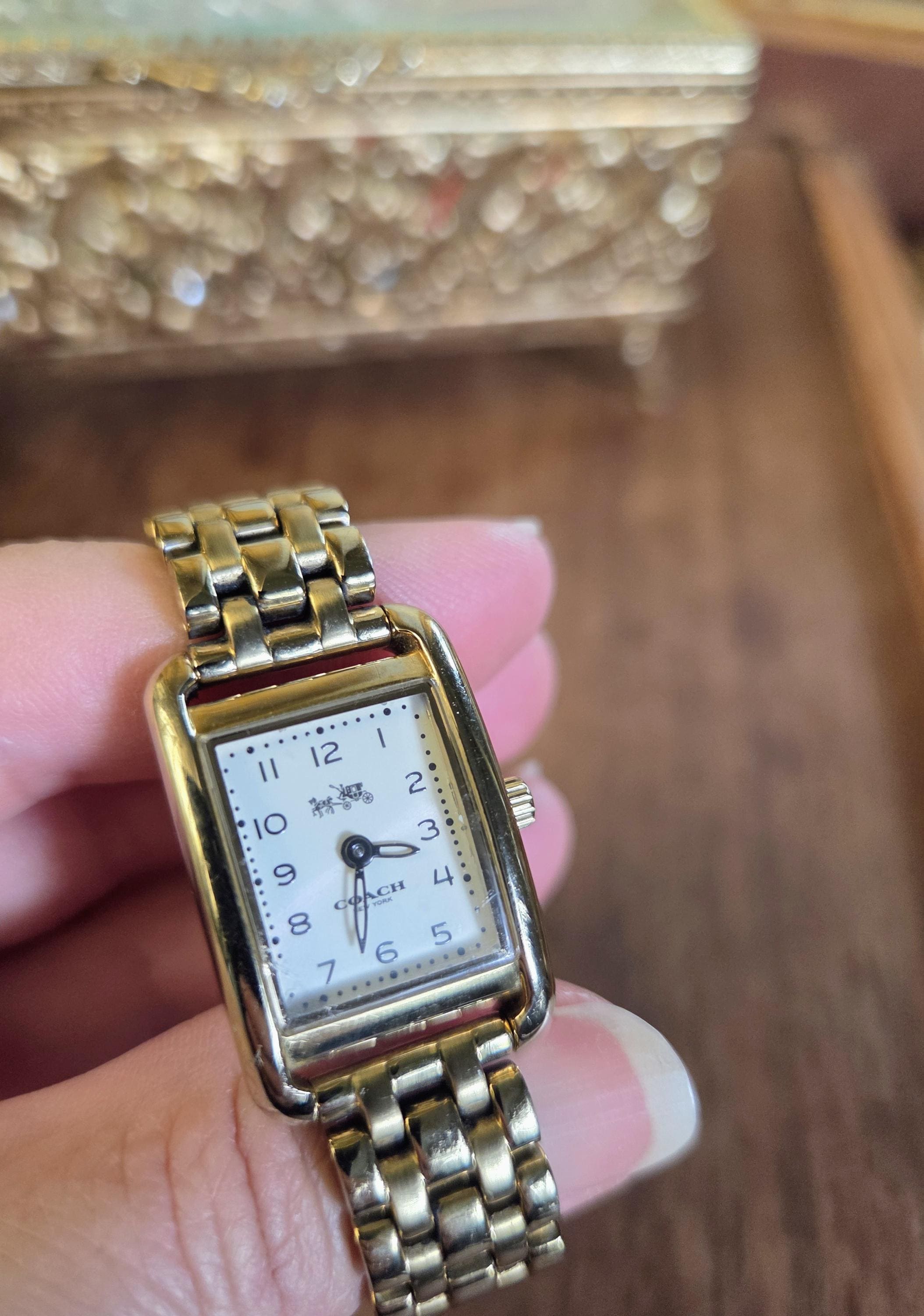 Coach Thompson Women\'s Gold Plated Tank Watch Green Malachite Dial Black Leather Coach Gold Plated Case Wristwatches for Women for sale | eBay main image 4