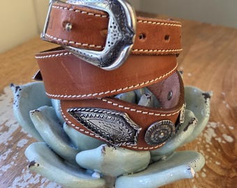 Vintage Cognac Leather Western Belt, Engraved Silver Conchos, Size S
