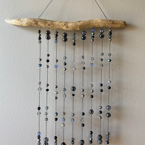 Hanging Suncatcher, Driftwood, Glass Beads, Black Chain