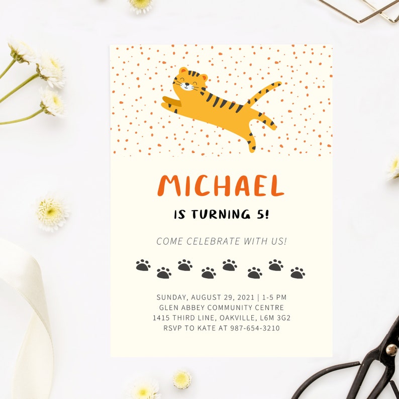 Tiger Birthday Party Invite Modern Tiger Theme Invitation Etsy