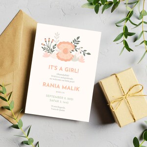 Modèle d'annonce de naissance musulmane pour bébé fille | Faire-part de naissance imprimable, Minimaliste, Moderne, Rose, Doux, Perle