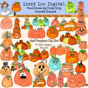 Gewoon pompoenen illustraties. Afbeeldingen zijn .png-bestand met 300 dpi. Digitale bestanden. Voor knutsel-, decoratie- en digitale planners. Handgetekende kunst Cindy Urry