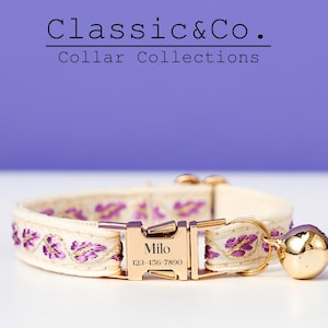 Silent Cat Collar with Leash Personalized, Webbing Purple Tribal Kitten Collar with Engraved Metal Buckle+Free ID Tag, Gift for Pet Lovers