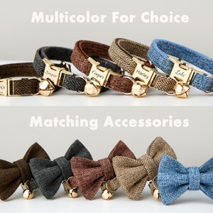 May include: Five cat collars in different colors and patterns with personalized name tags and bells. The collars are brown, gray, tan, blue, and green. The collars are arranged in a row with the name tags facing the viewer. Below the collars are five matching bow ties in the same colors and patterns.