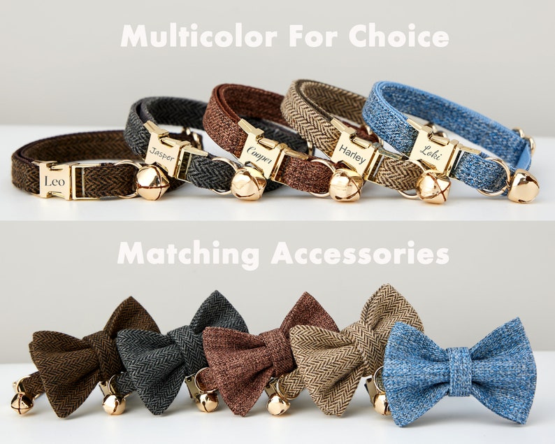 Tweed Fabric Cat Collar Bow Tie Set BlueBrownGrey,Personalized Engraved Gold Buckle Name Tag,Kitten Collar for Male Female,Small Dog Gift image 2