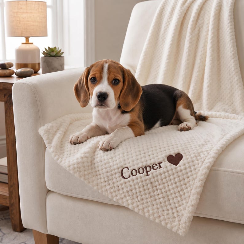 May include: A cream-colored, textured waffle-knit blanket featuring the embroidered name Cooper in brown thread, accompanied by a small brown heart icon. A beagle puppy with brown, black, and white fur is resting on top of the folded blanket.