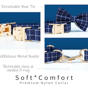 May include: Navy blue plaid dog collar with a detachable bow tie and gold-colored metal hardware. Features a quick-release metal buckle and a rotatable clasp. The text "Soft Comfort Premium Nylon Collar" is displayed.