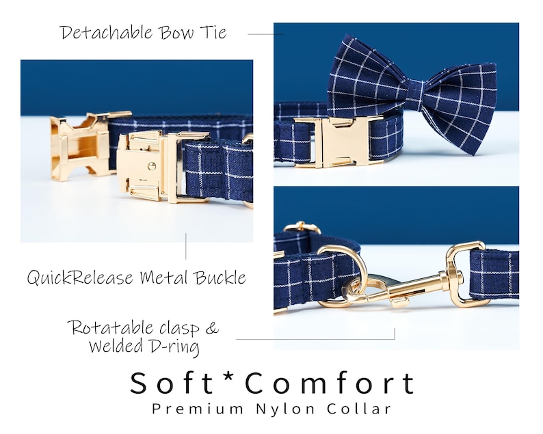 May include: Navy blue plaid dog collar with a detachable bow tie and gold-colored metal hardware. Features a quick-release metal buckle and a rotatable clasp. The text "Soft Comfort Premium Nylon Collar" is displayed.
