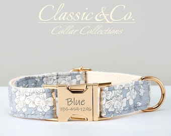 Personalisiertes verstellbares blaues Blumenhundehalsband-Fliegen-Leine-Set mit individuell gravierter Metallschnalle, perfektes Welpengeschenk