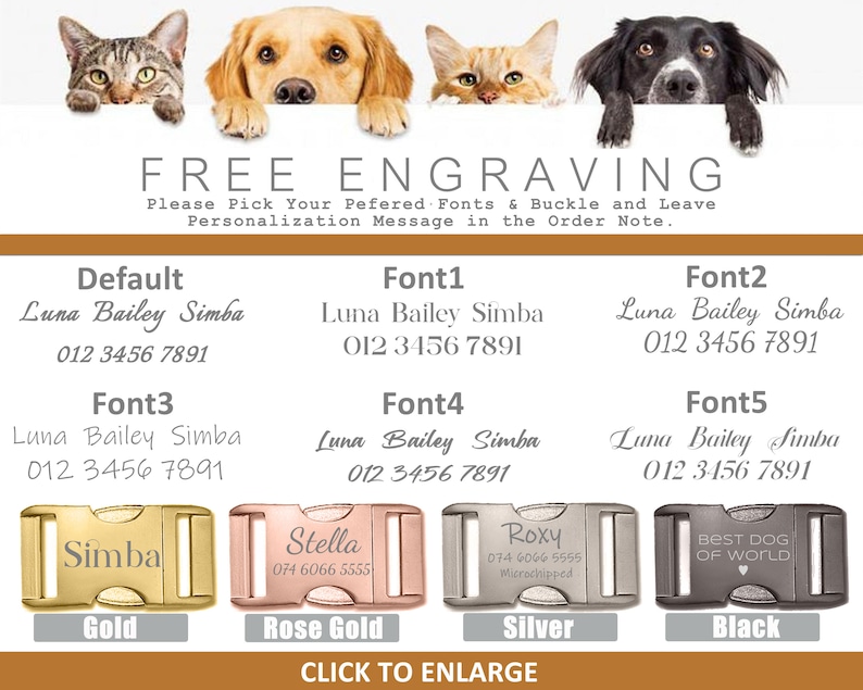 May include: A graphic showing five different styles of dog tag buckles with different engraving options. The buckles are in gold, rose gold, silver, and black. The text on the buckles reads "Simba", "Stella", "Roxy", and "Best Dog of World". The text "FREE ENGRAVING" is at the top of the graphic. The text "CLICK TO ENLARGE" is at the bottom of the graphic.
